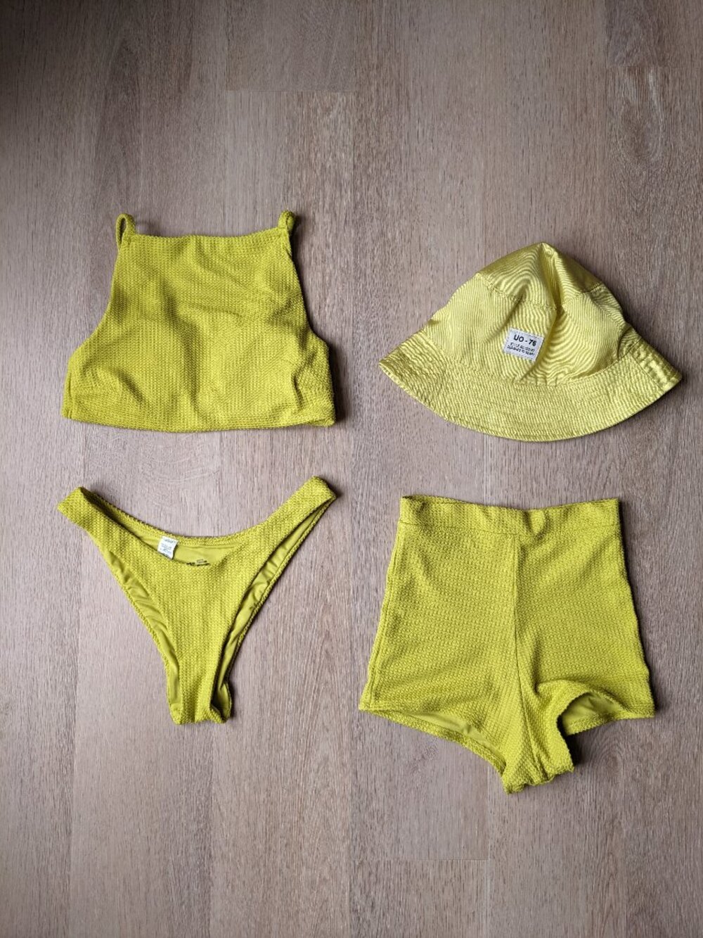 Aerie Bright Green Waffle Swim Set + UO-76 Bucket Hat — 4pc
